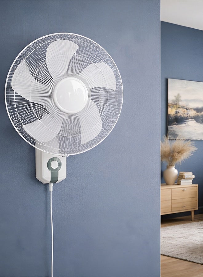 مروحة جدارية 16 انش بمحرك هادئ عالي الأداء تحتوي على 3 سرعات مختلفة و خاصية التذبذب الأفقي ، ضبط ميل رأسي 30 درجة، شفرات بلاستيك قوية 5 ريش